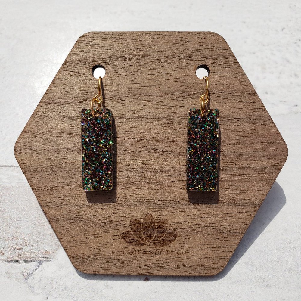 Dark Gray Holographic Glitter Small Rectangle Earrings, Handmade, Acrylic